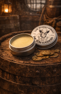 rum barrel with beard balm on it